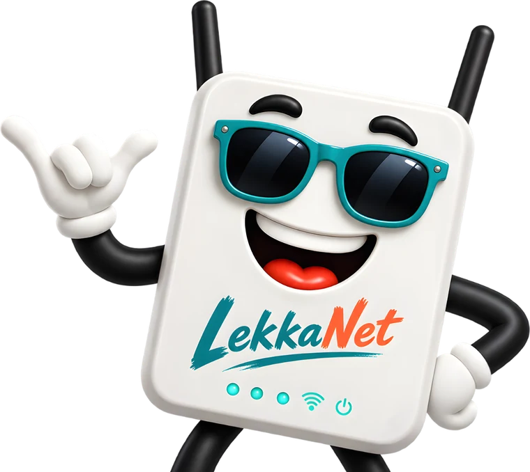 LekkaNet mascot, a friendly LTE router with sunglasses giving a shaka hand sign
