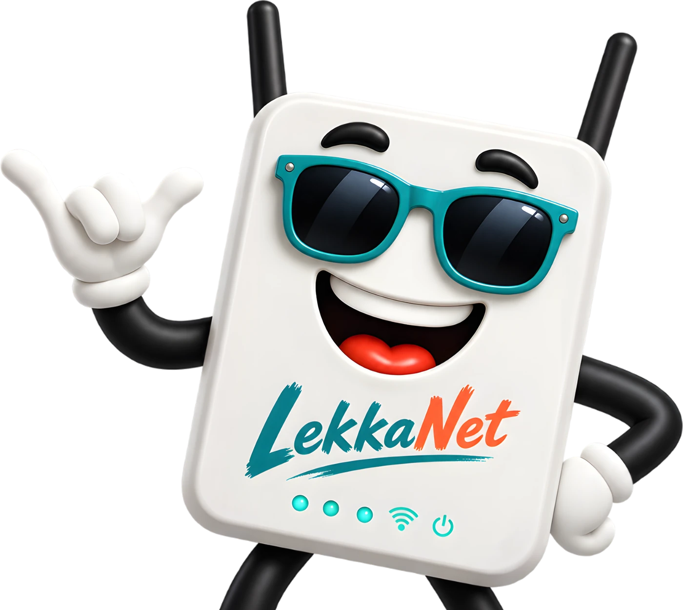 LekkaNet mascot, a friendly LTE router with sunglasses giving a shaka hand sign